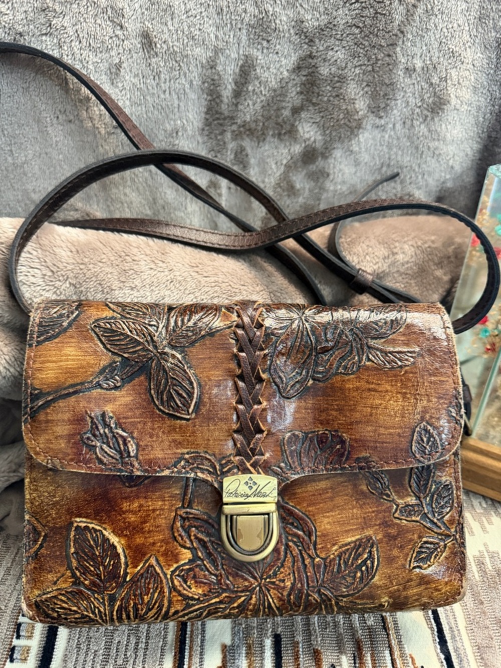 Patricia Nash Brown Floral Tooled Leather Crossbody Bag